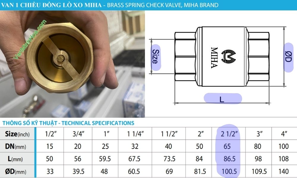 kích thước tiêu chuẩn của van 1 chiều lò xo miha dn65