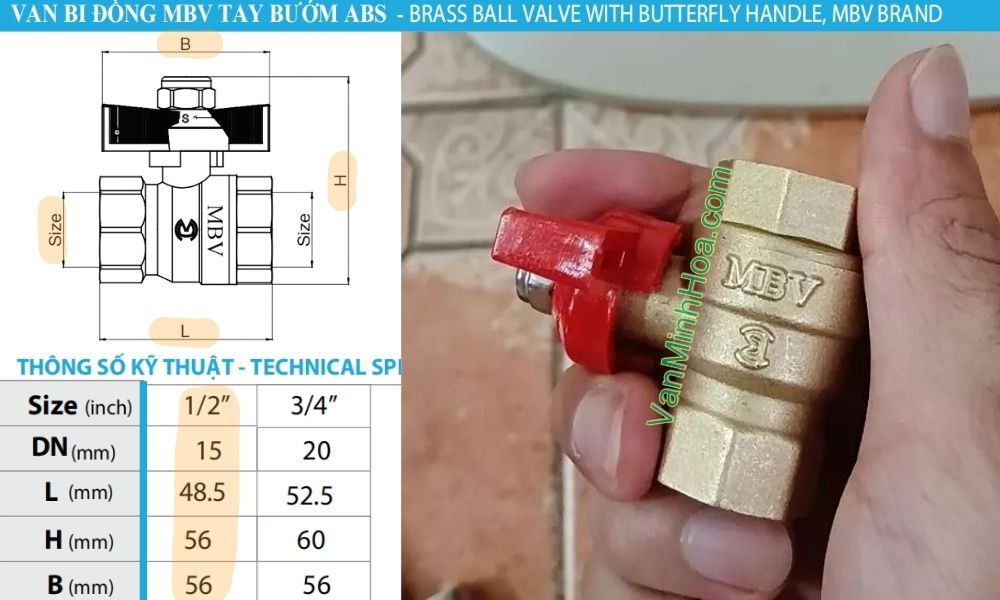 kích thước tiêu chuẩn của van bi mbv tay bướm dn15