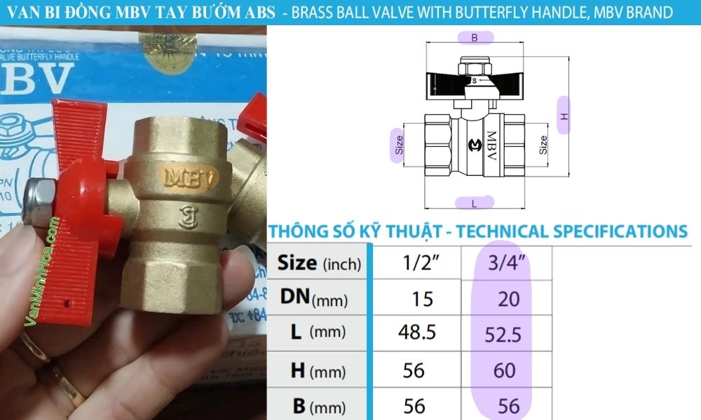 kích thước tiêu chuẩn của van bi mbv tay bướm dn20