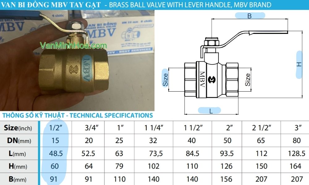kích thước tiêu chuẩn của van bi mbv tay gạt dn15