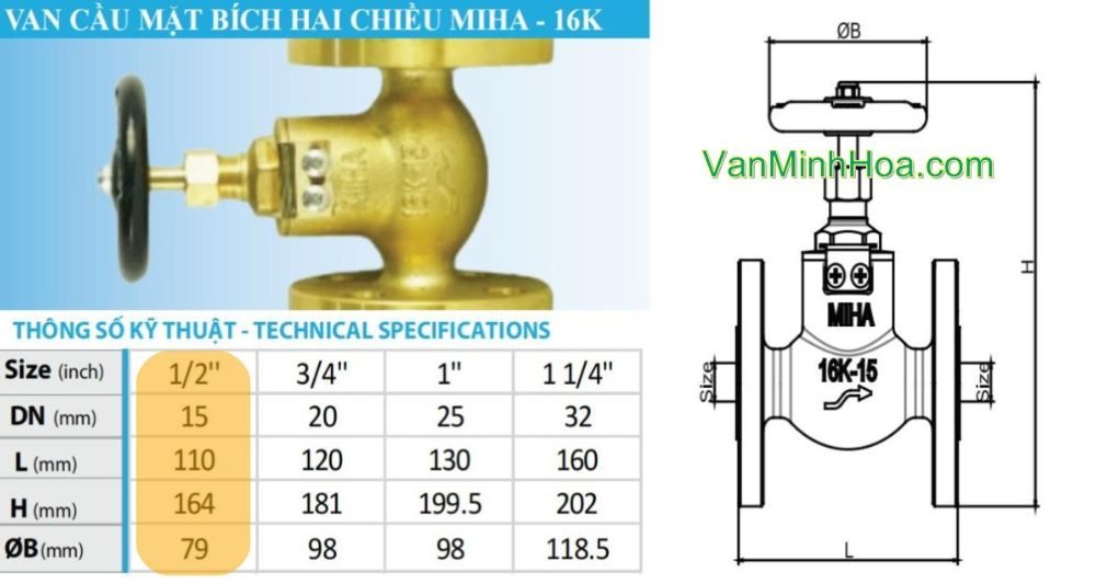 kích thước tiêu chuẩn của van cầu miha 16k 2 chiều dn15