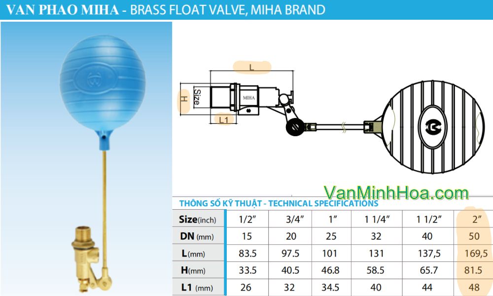 kích thước tiêu chuẩn của van phao miha dn50