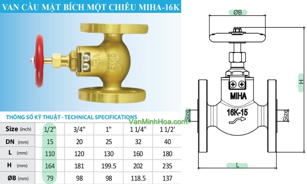 kích thước tiêu chuẩn van cầu miha 16k 1 chiều dn15