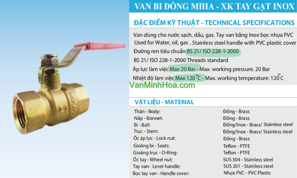 thông số chính của van bi miha xk