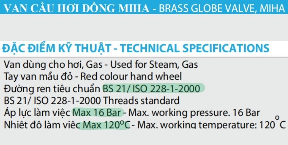 thông số kỹ thuật của van cầu ren minh hòa dn15