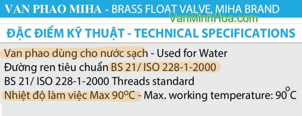 thông số kỹ thuật của van phao miha dn50