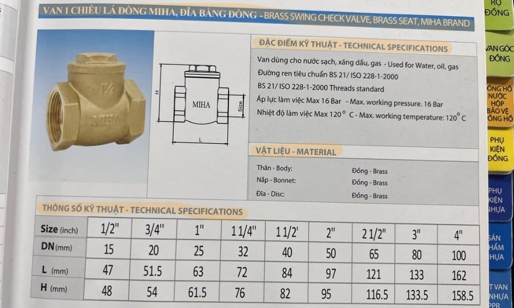thông tin của van 1 chiều lá miha dn20 trong catalogue
