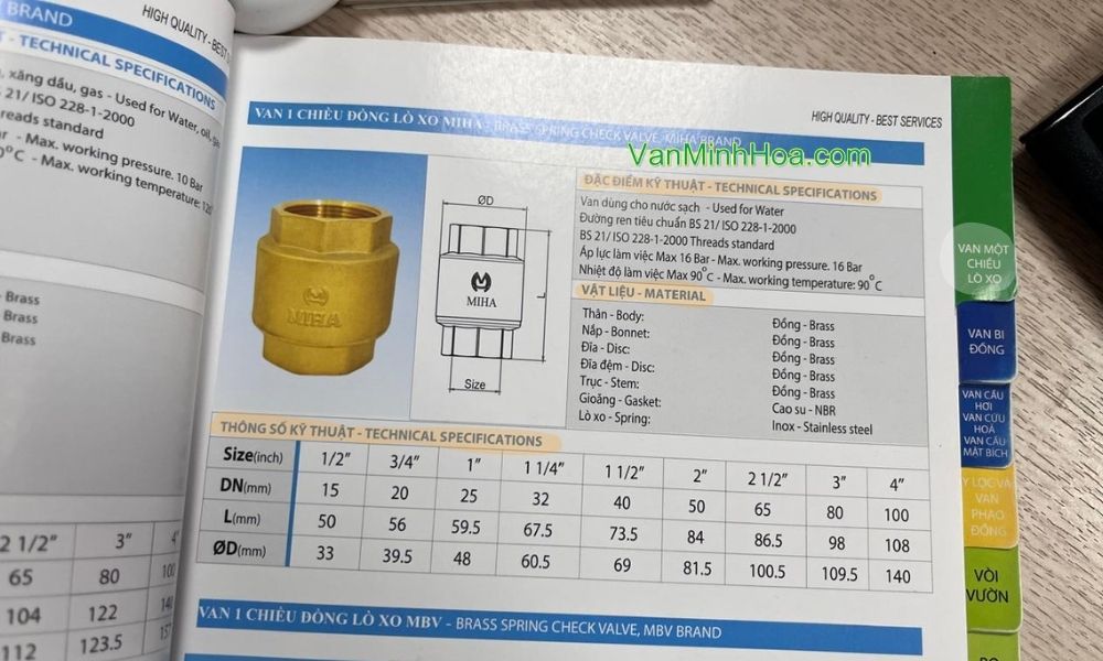 tra cứu van 1 chiều lò xo miha dn100 trong catalogue