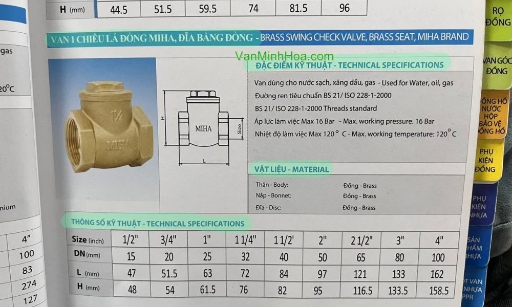 van 1 chiều lá miha dn100 trong catalogue