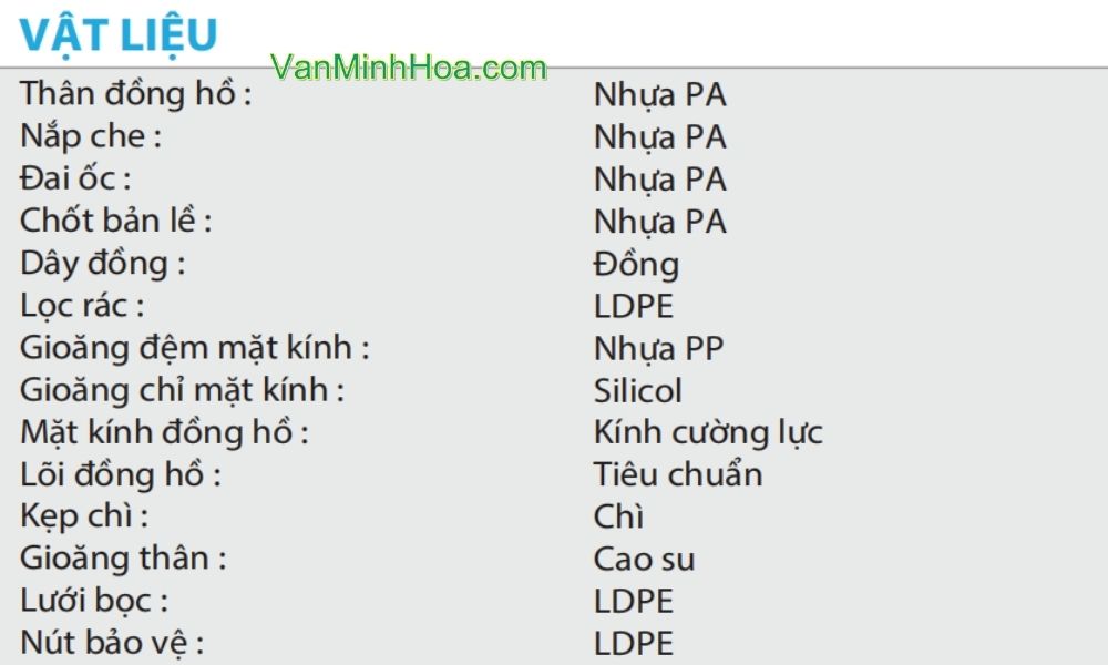 vật liệu sản xuất của đồng hồ nước md dn20