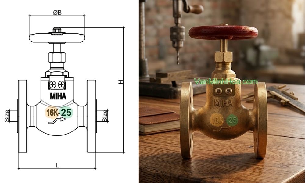 ý nghĩa thông số trên thân van cầu miha 16k 1 chiều dn25