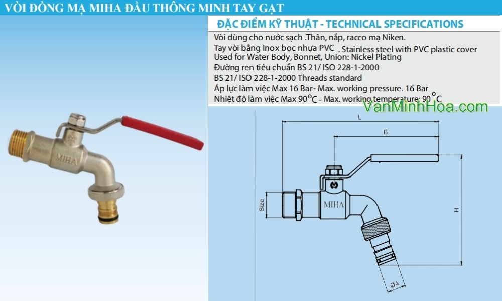 đặc điểm kỹ thuật của vòi vườn đồng mạ miha pn16 dn20