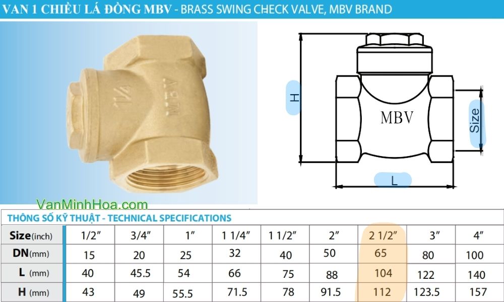kích thước của van 1 chiều lá mbv dn65
