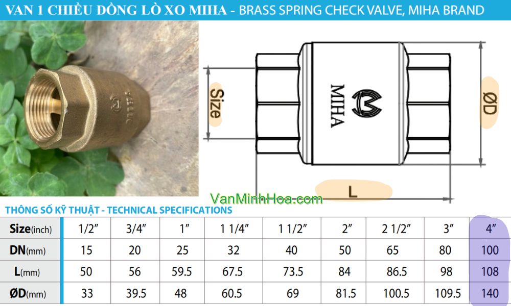 kích thước của van 1 chiều lò xo miha dn100