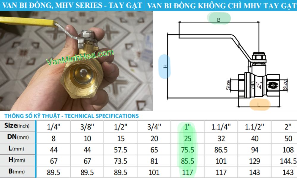 kích thước của van bi mhv dn25