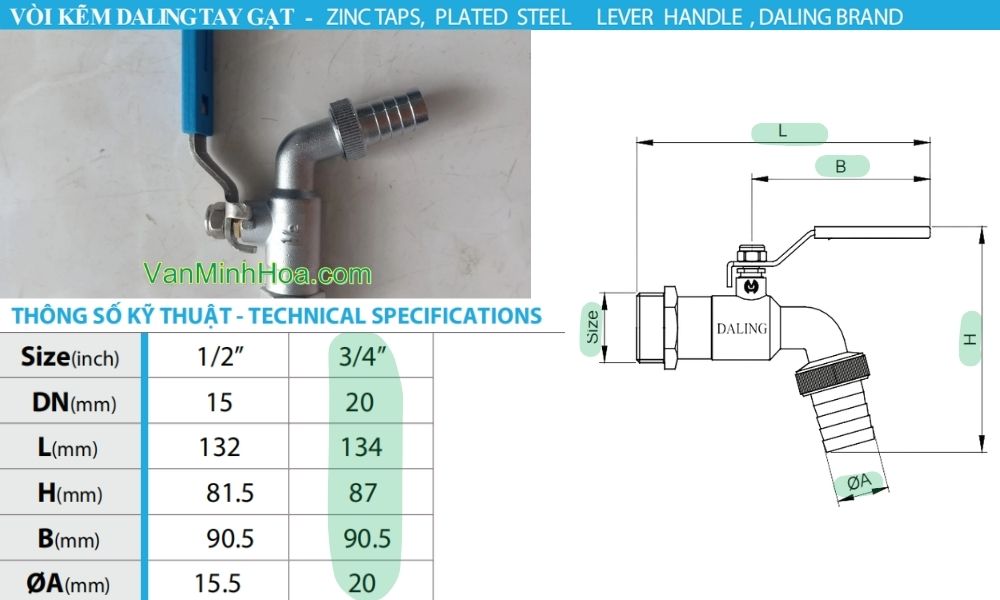 kích thước của vòi hợp kim daling dn15