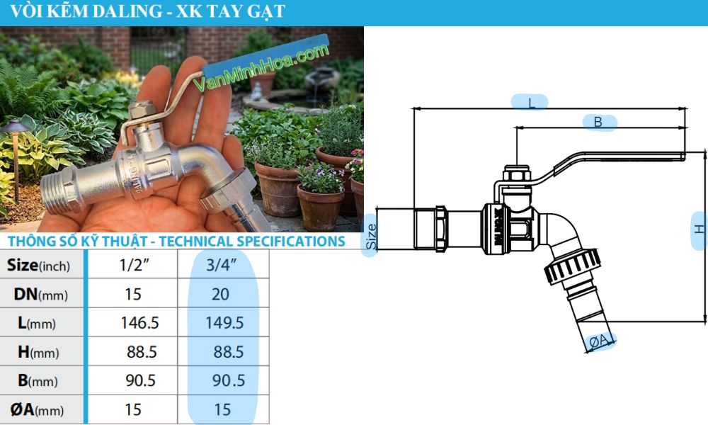 kích thước của vòi hợp kim daling xk dn20