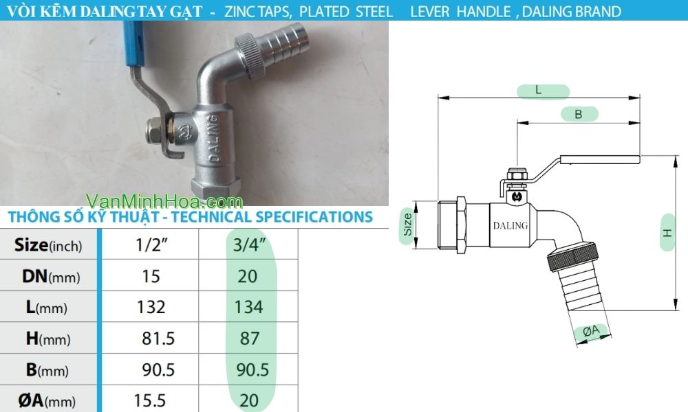 kích thước của vòi vườn hợp kim daling dn20