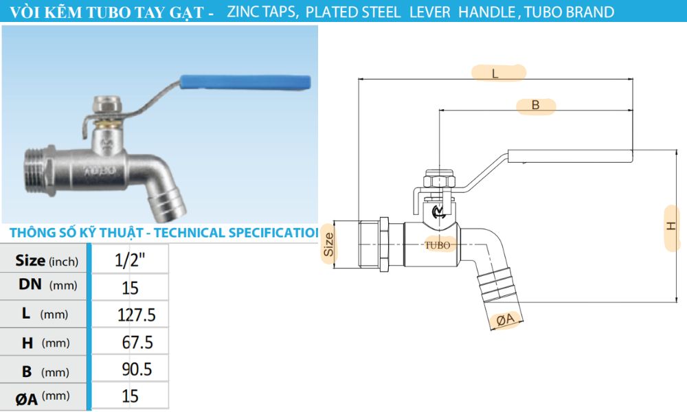 kích thước của vòi vườn hợp kim tubo pn10 dn15