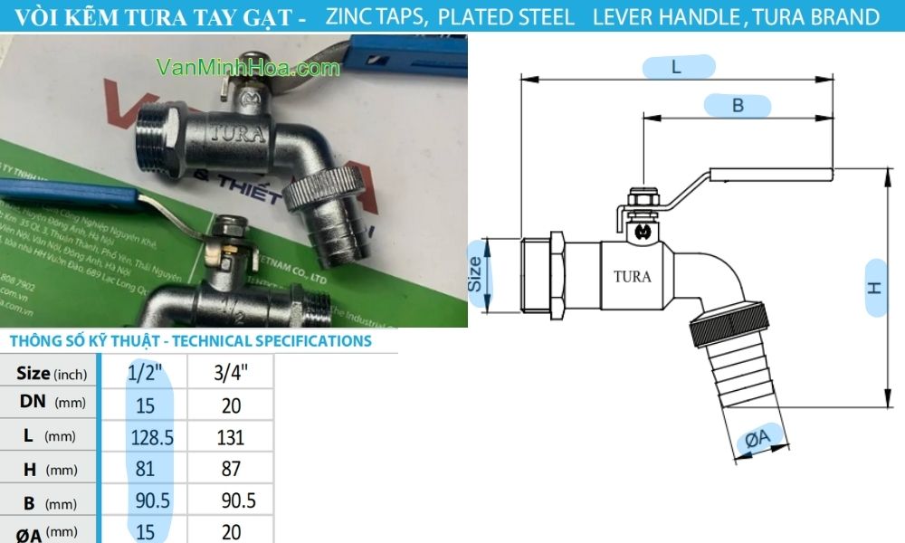 kích thước của vòi vườn hợp kim tura pn10 dn15