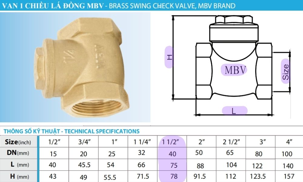 kích thước lắp đặt của van 1 chiều lá mbv dn40