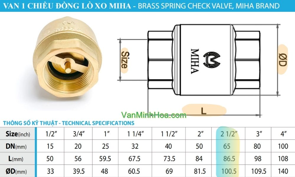 kích thước lắp đặt của van 1 chiều lò xo Miha DN80