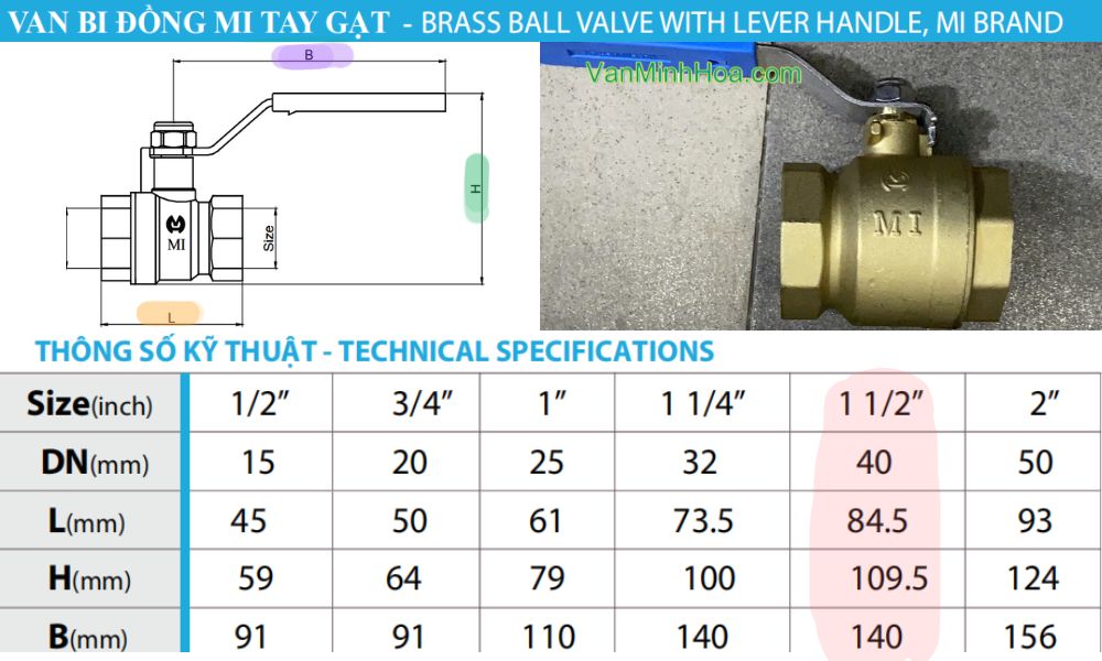 kích thước lắp đặt của van bi mi dn40