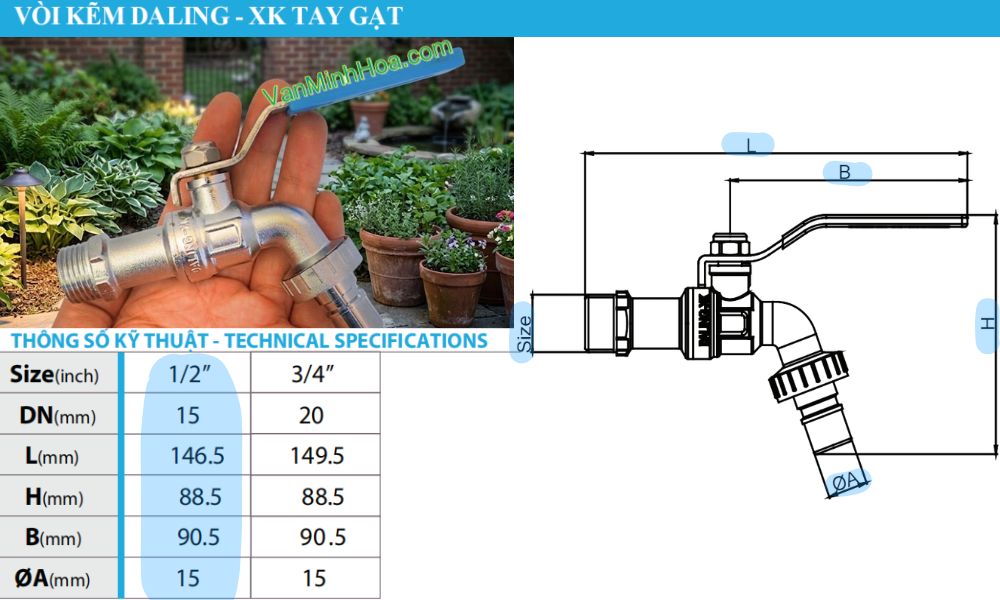 kích thước tiêu chuẩn của vòi hợp kim daling xk dn15