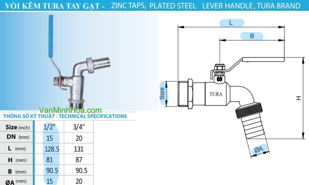 kích thước tiêu chuẩn của vòi vườn hợp kim tura pn10 dn20