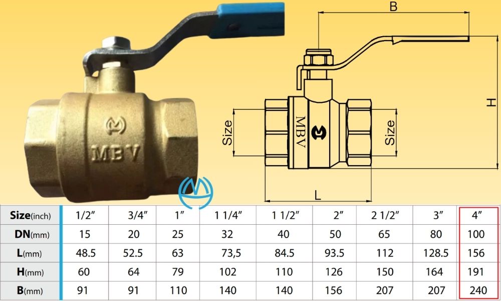 kích thước van bi mbv tay gạt dn100