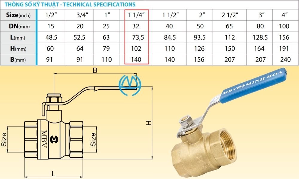 kích thước van bi mbv tay gạt dn32