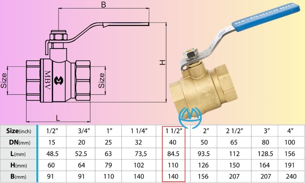 kích thước van bi mbv tay gạt dn40