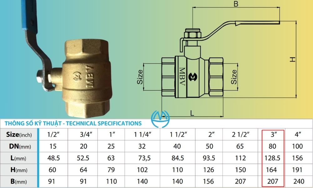 kích thước van bi mbv tay gạt dn80