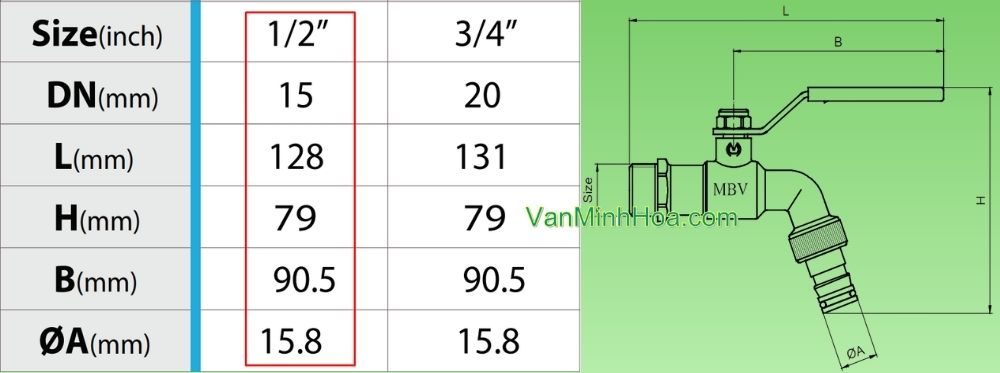 kích thước vòi vườn đồng đầu nối thông minh mbv pn10 dn15