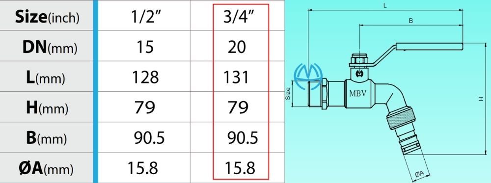 kích thước vòi vườn đồng đầu nối thông minh mbv pn10 dn20