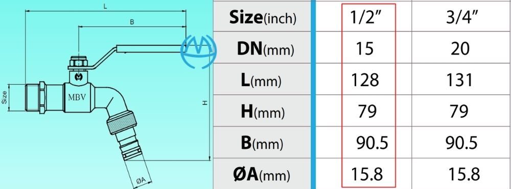 kích thước vòi vườn đồng mạ mbv pn10 dn15