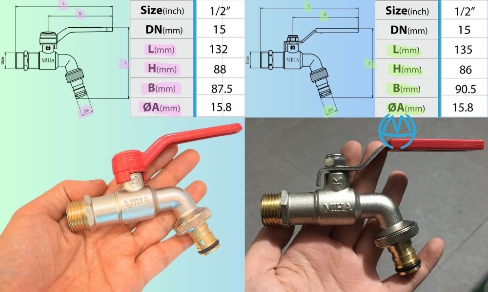 kích thước vòi vườn đồng mạ miha pn16 dn15