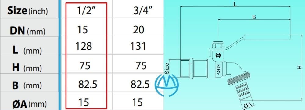 kích thước vòi vườn đồng tay inox mbv pn10 dn15