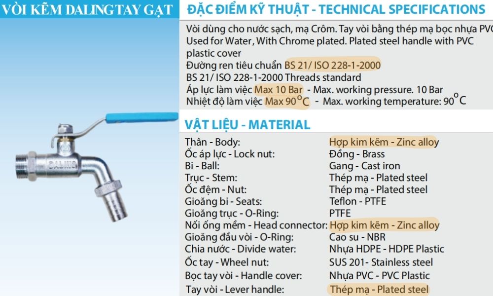 thông số kỹ thuật của van vòi hợp kim daling dn20