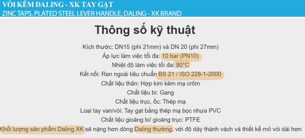 thông số kỹ thuật của vòi hợp kim daling xk dn15