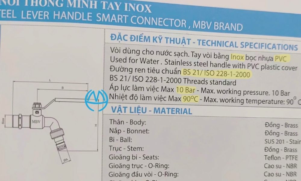 tính chất vòi vườn đồng đầu nối thông minh mbv pn10 dn20