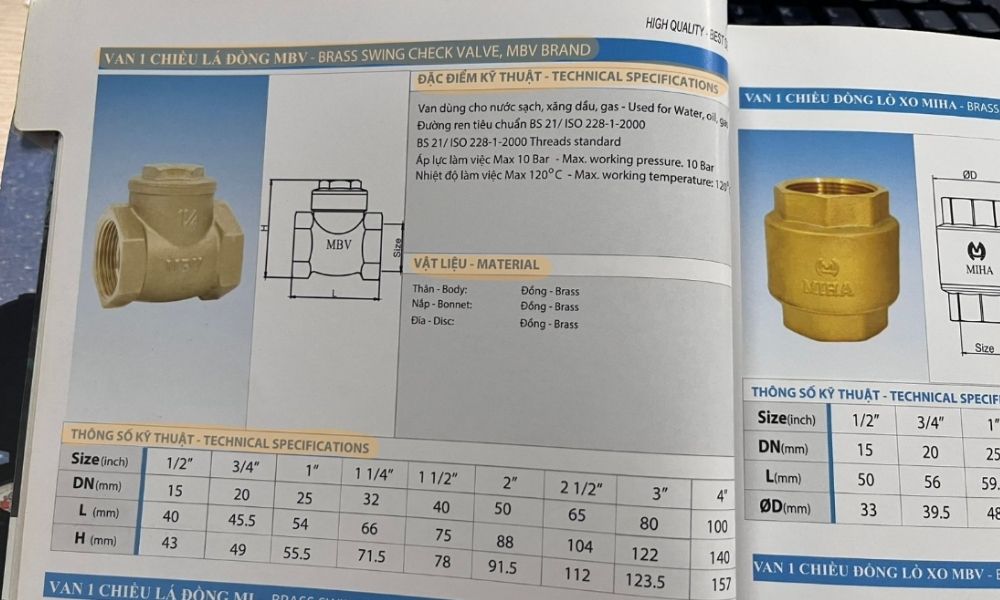 tra cứu van 1 chiều lá mbv dn100 trong catalogue