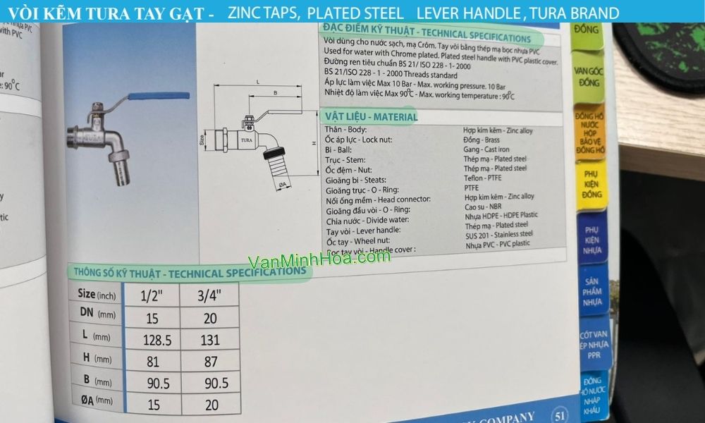 tra cứu vòi vườn hợp kim tura pn10 dn20 trong catalogue