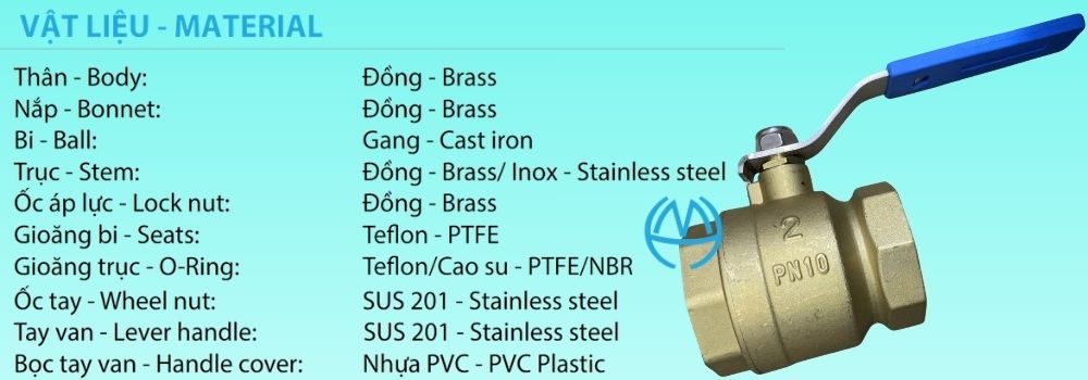 vật liệu van bi mbv tay gạt dn50