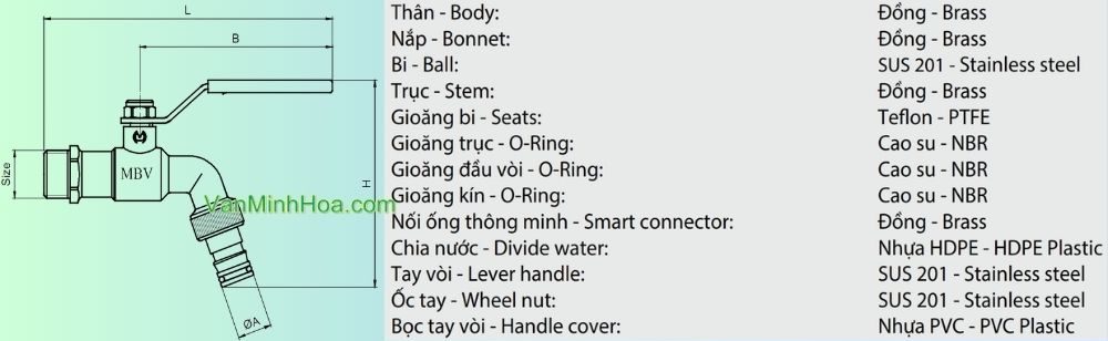 vật liệu vòi vườn đồng đầu nối thông minh mbv pn10 dn20