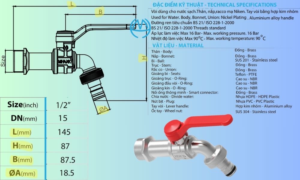 vòi vườn đồng mạ miha xk pn16 dn15 loại dài