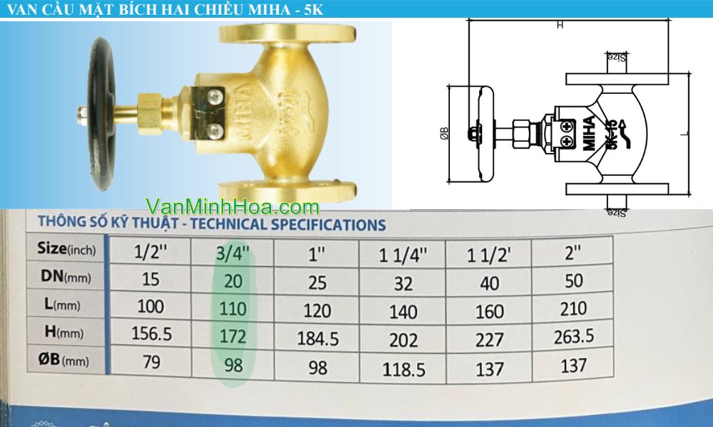 kích thước lắp đặt của van cầu miha 5k 2 chiều dn20