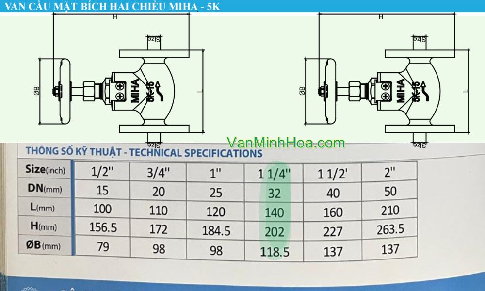 kích thước lắp đặt của van cầu 5k 2 chiều dn32