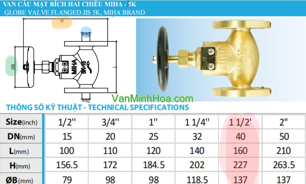 kích thước lắp đặt của van cầu miha 5k 2 chiều dn40