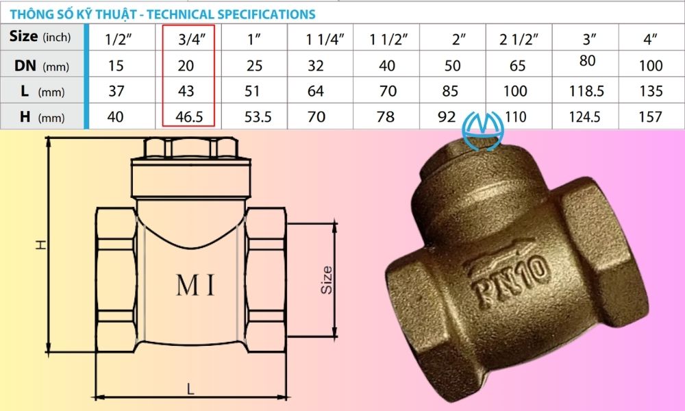 kích thước van 1 chiều lá mi dn20